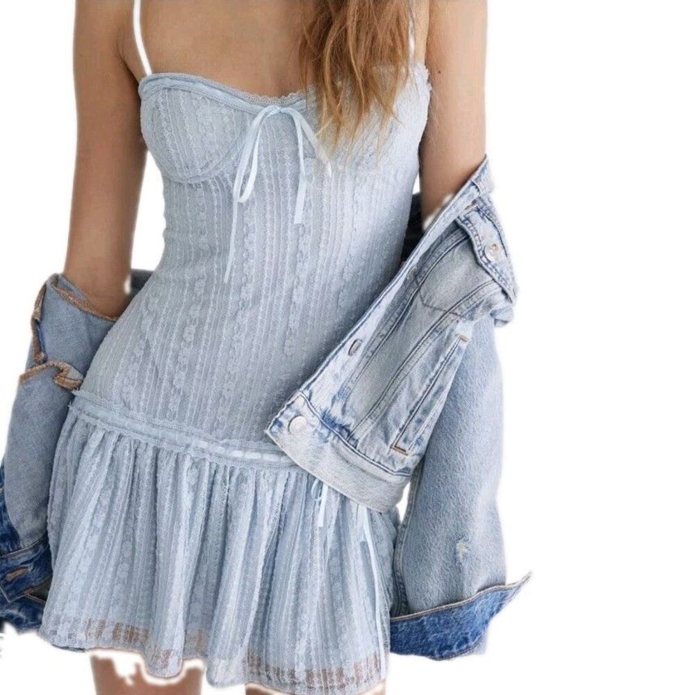 Aeropostale Lace Corset Mini Dress Light Blue Drop Waist Bow XL Coquette EUC